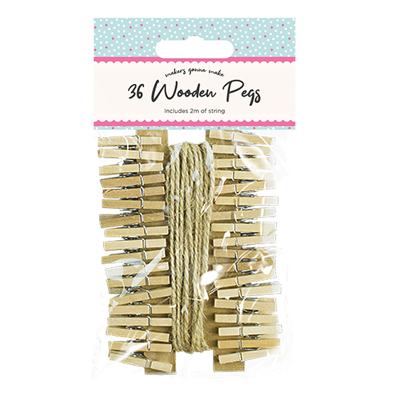 36 Mini Wooden Card Pegs & String